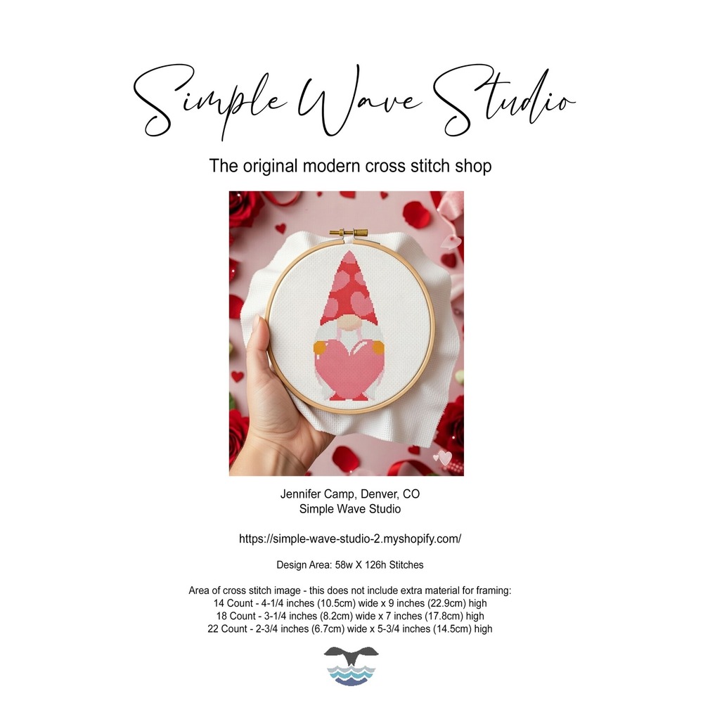Valentine Gnome Pink Heart Counted Cross Stitch Chart